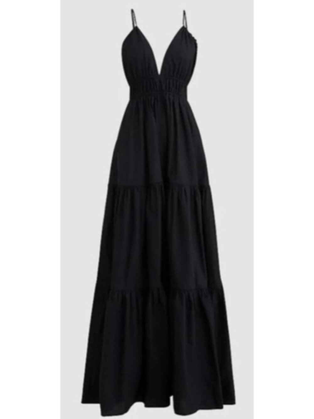 J..CREW COLLECTION Oahu V-Neck Tiered Maxi Dress in Black Cotton Poplin Large